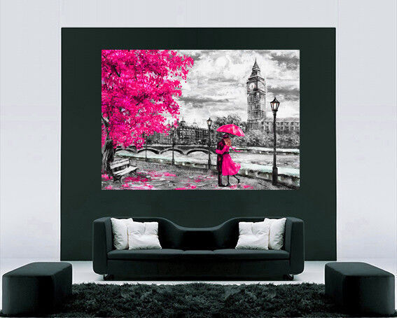 London Oil Painting Artwork Big Ben Pink Umbrella Canvas Wall Art Picture Print
