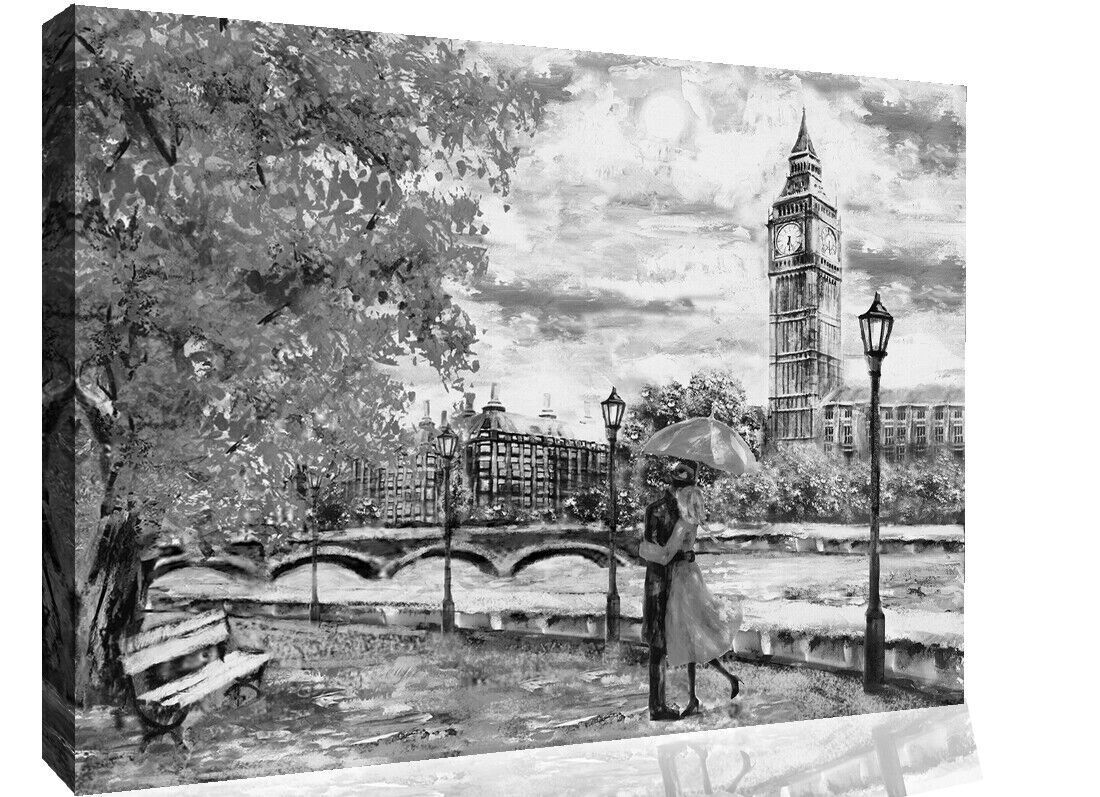 Black & White London Oil Painting Big Ben Umbrella Canvas Wall Art Picture Print