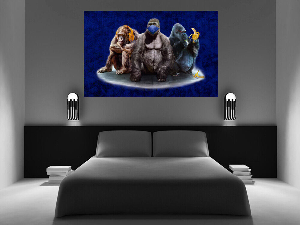 Navy Blue 3 Modern Wise Gorillas Abstract Canvas Wall Art Picture Print