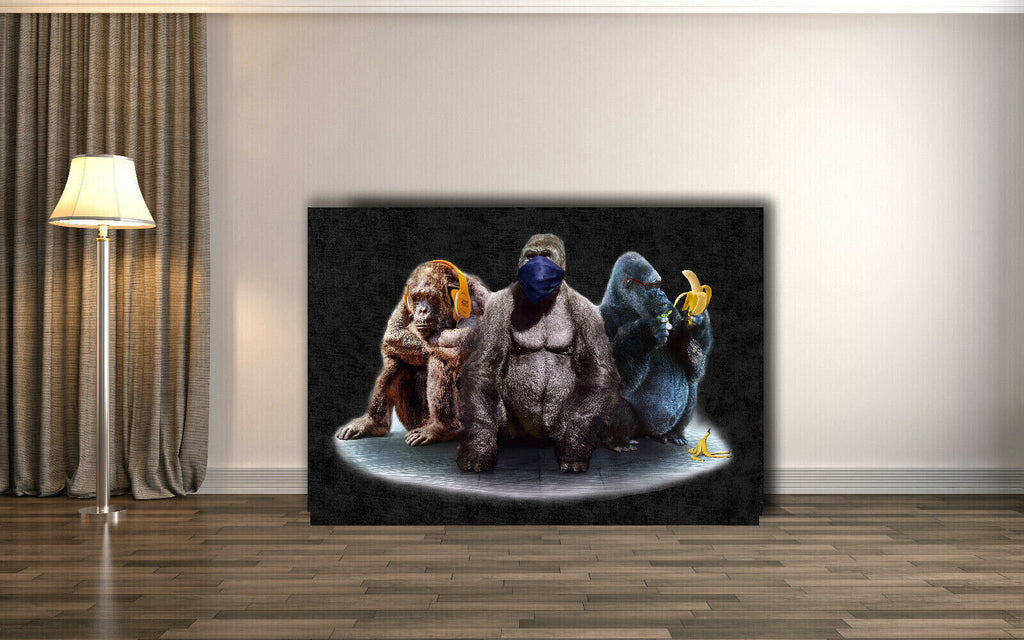 3 Modern Wise Gorillas Abstract Canvas Wall Art Picture Print - Black