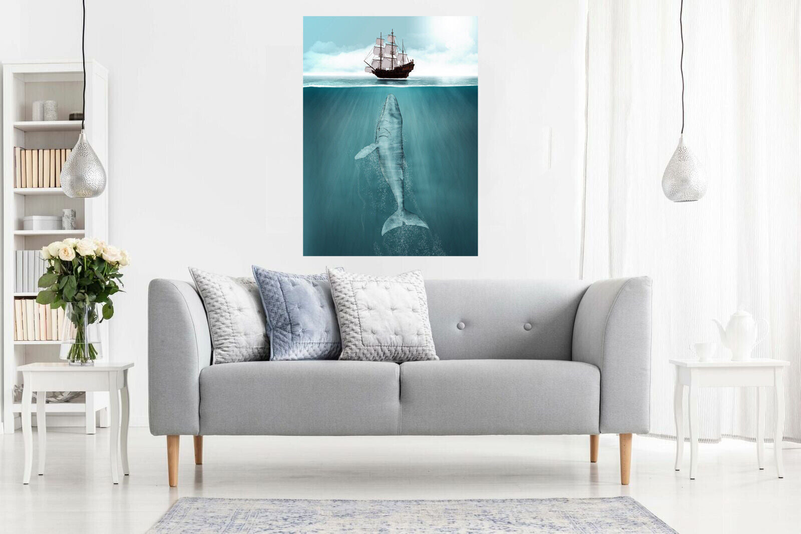 Duck Egg Blue Whale & Ship Maritime Bathroom Canvas Wall Art print picture