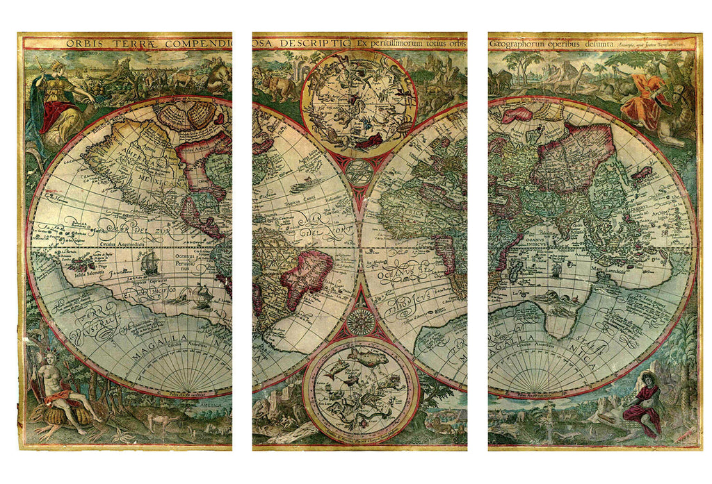 Old World Atlas Latin Maps Flags CANVAS WALL ART PICTURE - 3 PANELS 41" X 26"