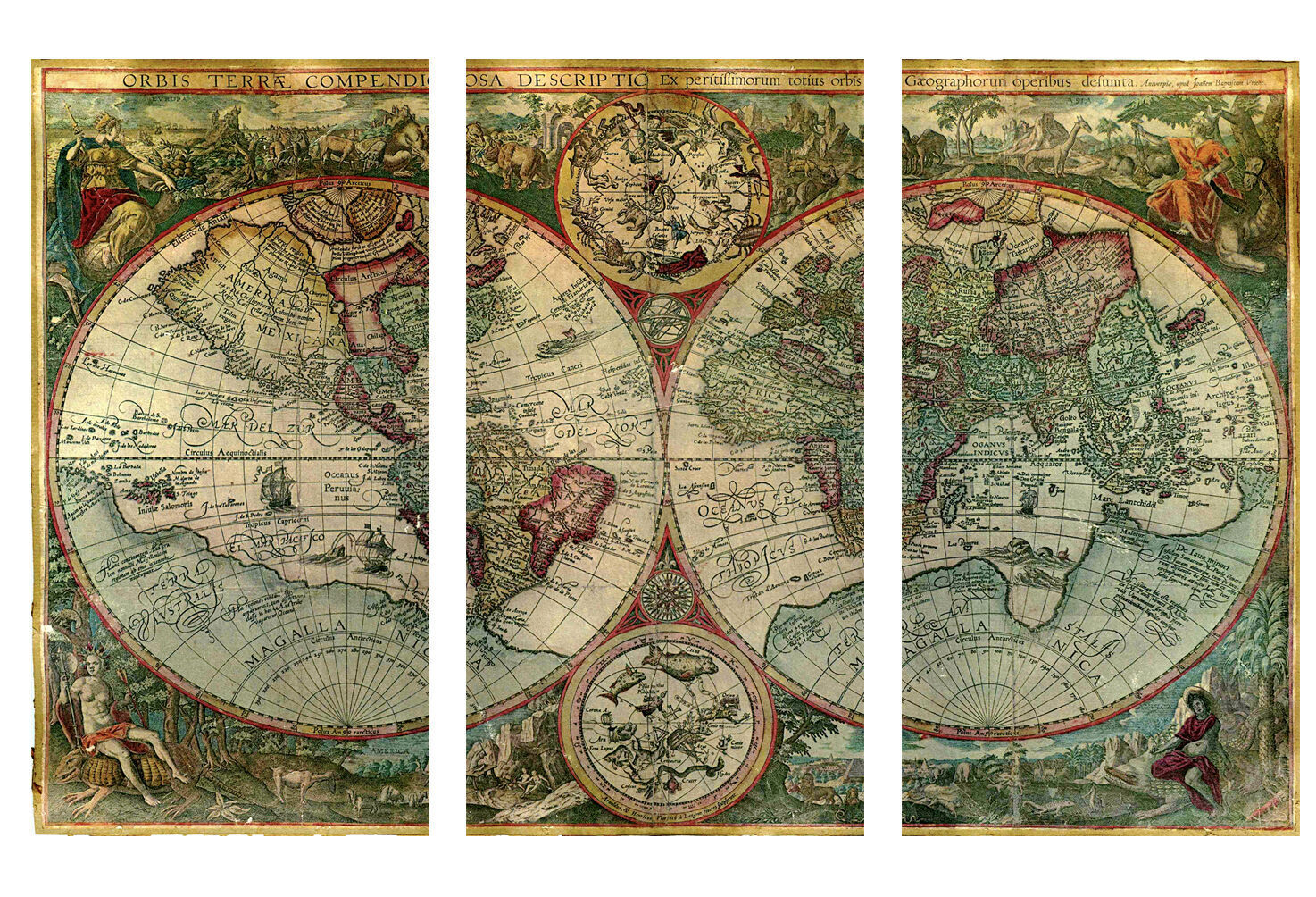 Old World Atlas Latin Maps Flags CANVAS WALL ART PICTURE - 3 PANELS 41" X 26"