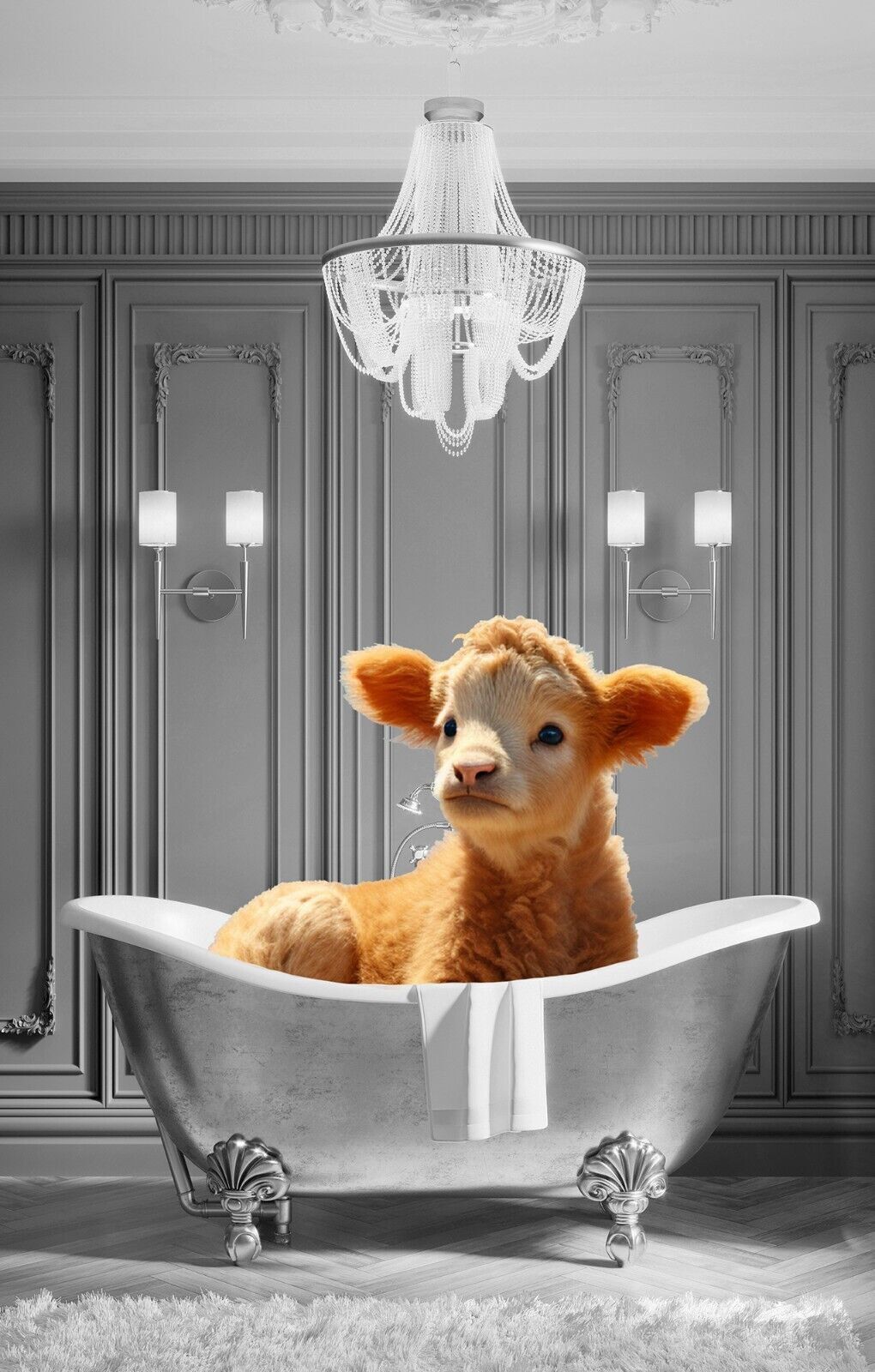 Animal Cute Calf Baby Cow bathing in bathtub Canvas Wall Art Picture Print