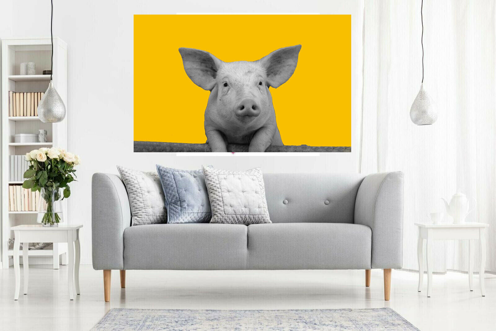 Mustard Yellow Grey Pig Abstract Canvas Wall Art Picture Print
