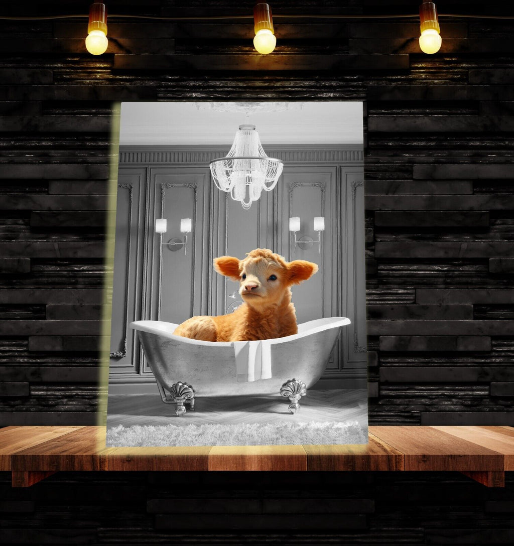 Animal Cute Calf Baby Cow bathing in bathtub Canvas Wall Art Picture Print