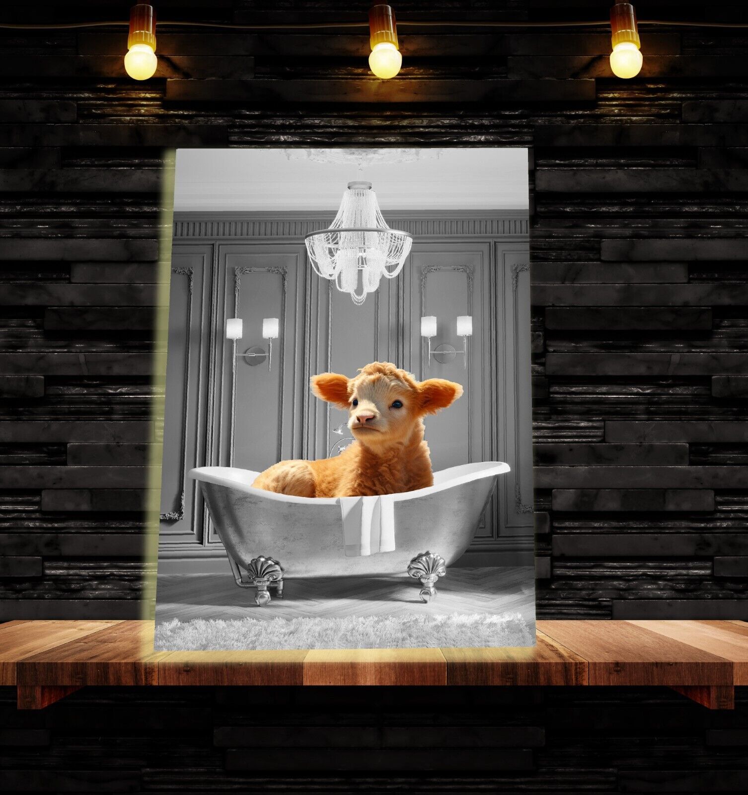 Animal Cute Calf Baby Cow bathing in bathtub Canvas Wall Art Picture Print