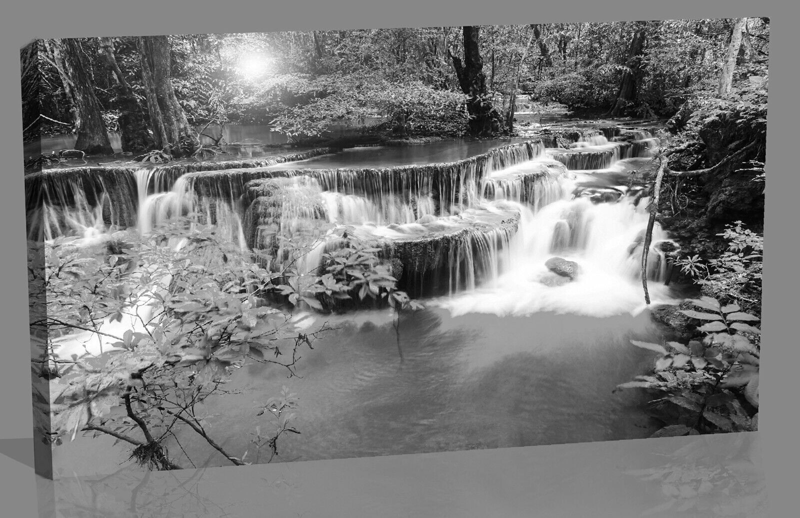 Black White & Grey Waterfall Trees Landscape Canvas Wall Art Picture Print