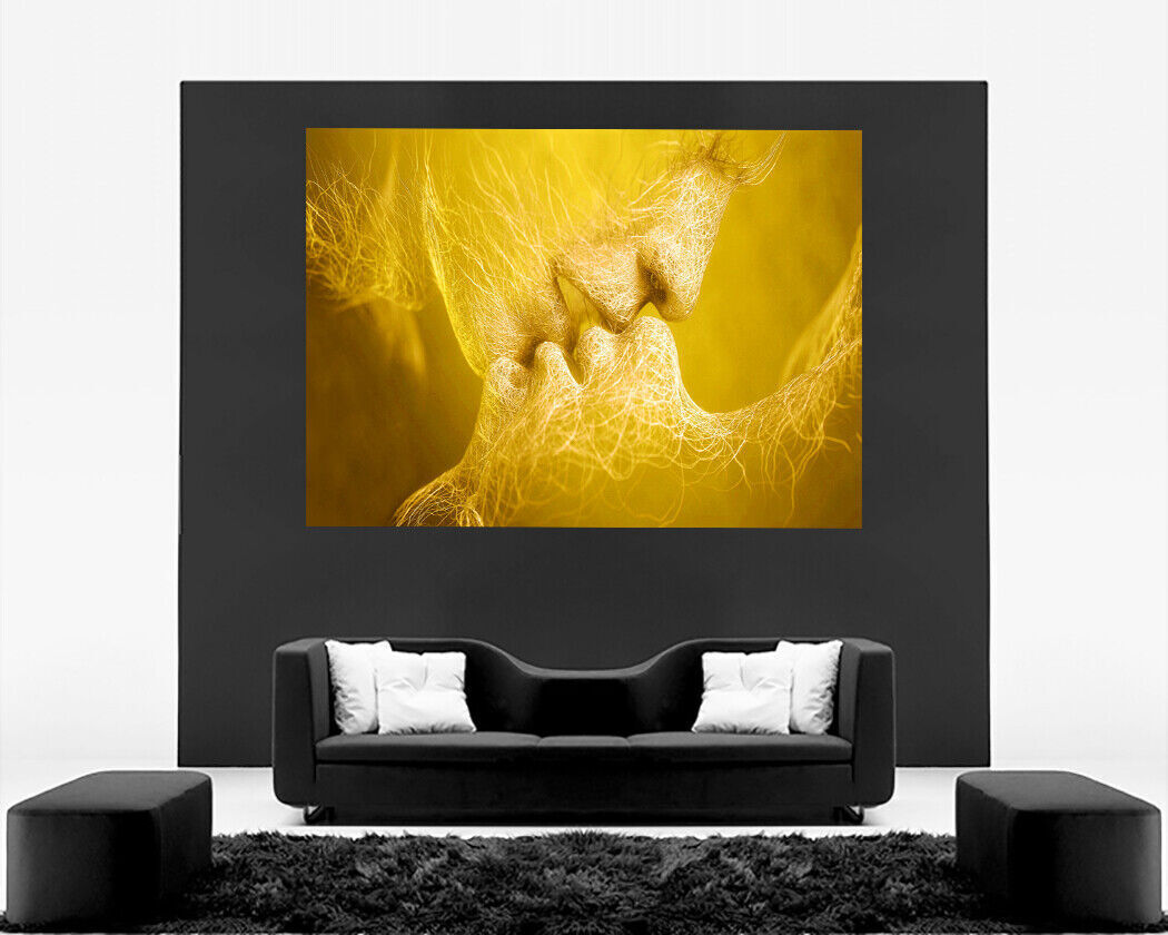 Yellow / Mustard Love Kiss Abstract Art on CANVAS WALL ART Picture Print