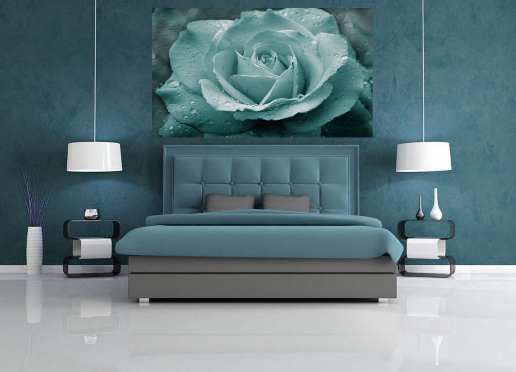 Duck Egg Blue Rose with Raindrops Canvas Wall Art Print A1 A2 A0 A4 - No02