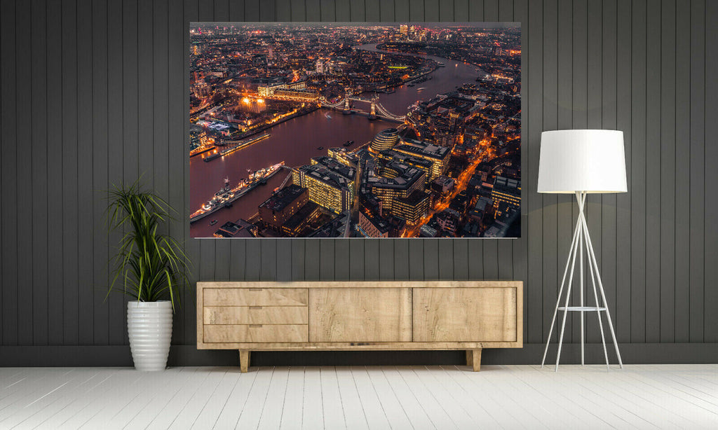 London city lights at night with bridge and river Canvas Wall Art Picture Print