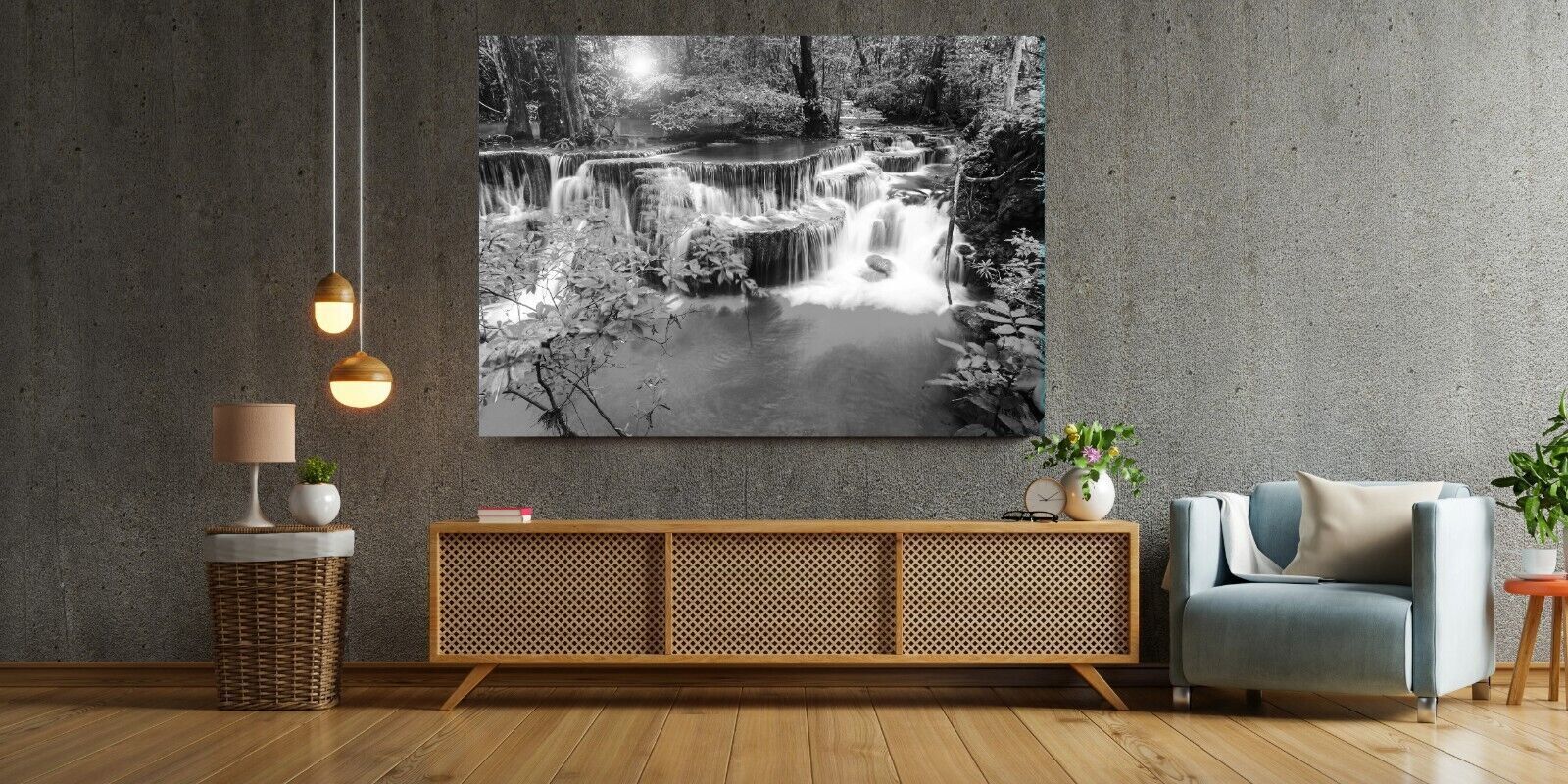 Black White & Grey Waterfall Trees Landscape Canvas Wall Art Picture Print