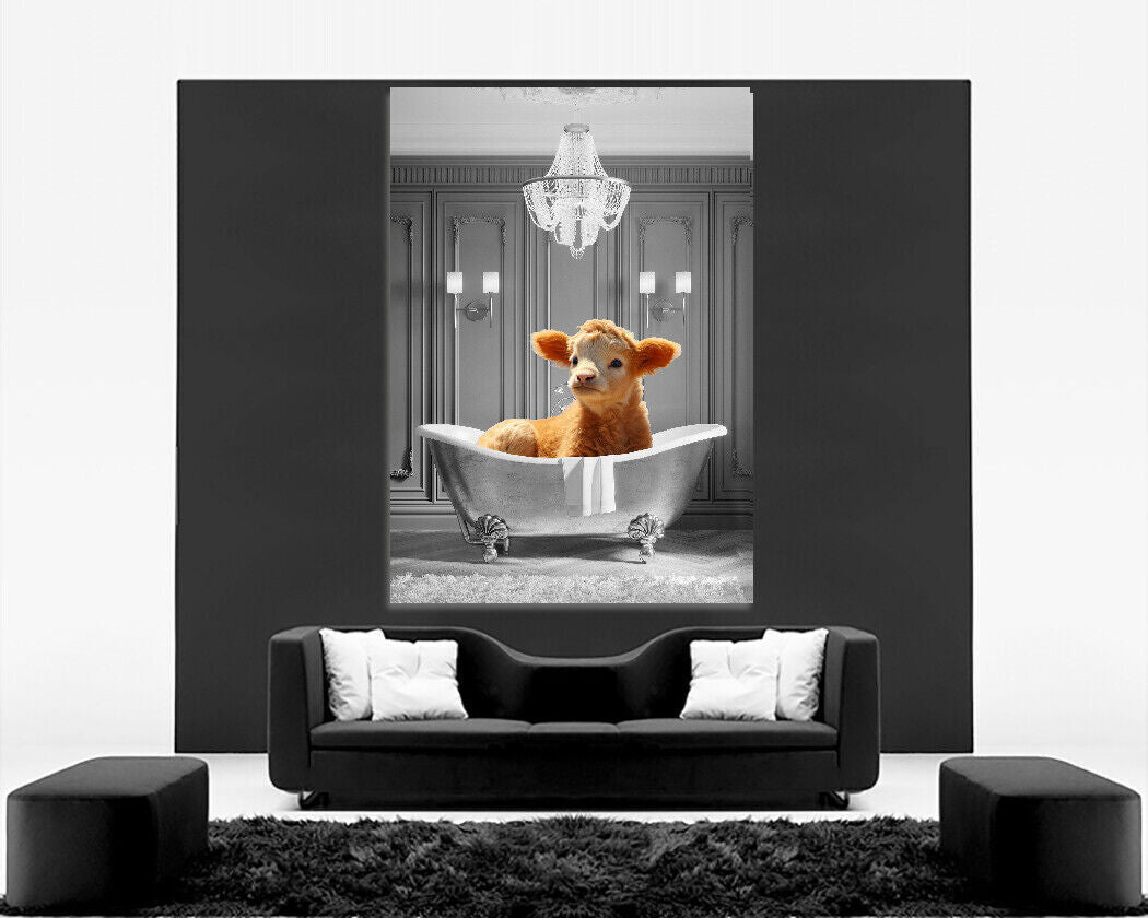 Animal Cute Calf Baby Cow bathing in bathtub Canvas Wall Art Picture Print