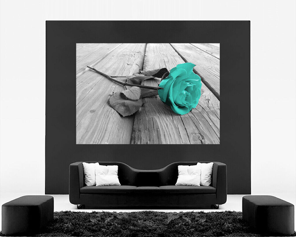 Large Duck Egg Blue and Grey Rose Flower Canvas Wall Art Picture Print