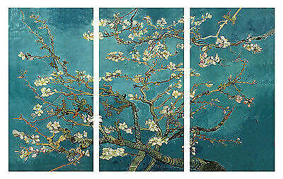 VAN GOGH BLOSSOM TREE CANVAS WALL ART PICTURE DUCK EGG BLUE 3 PANELS 41" X  26"