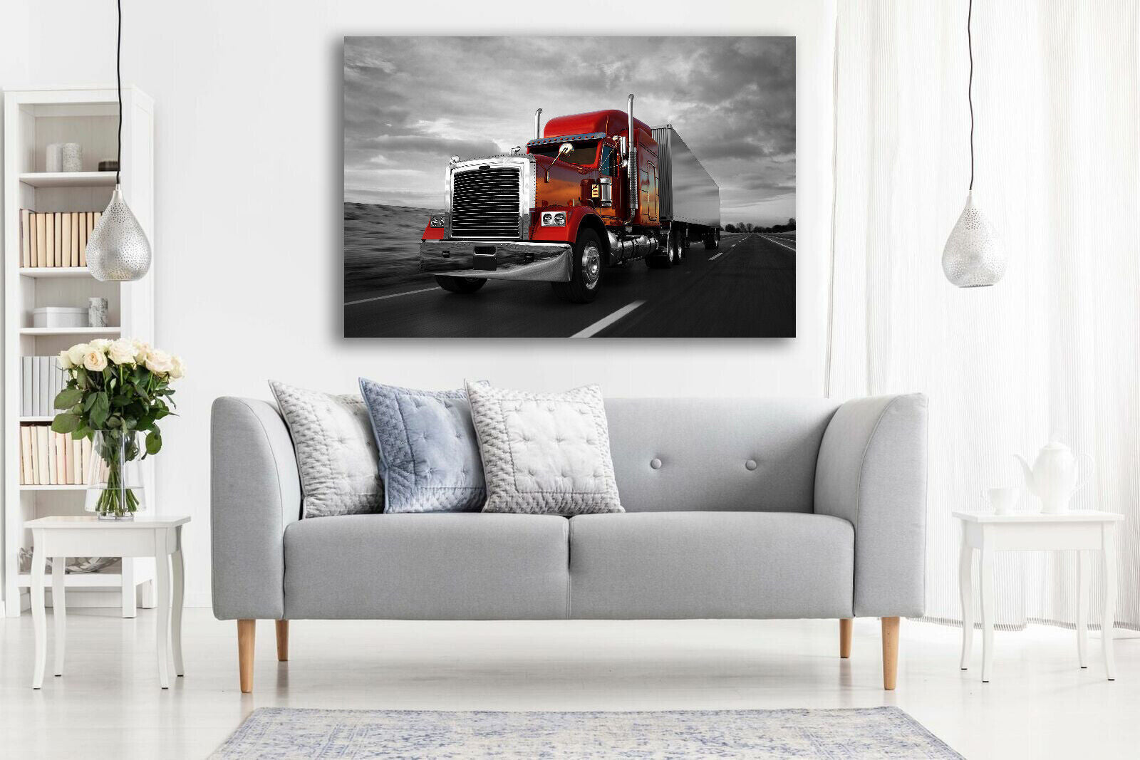 Red Black White Truck on Road Canvas Wall Art Picture Print