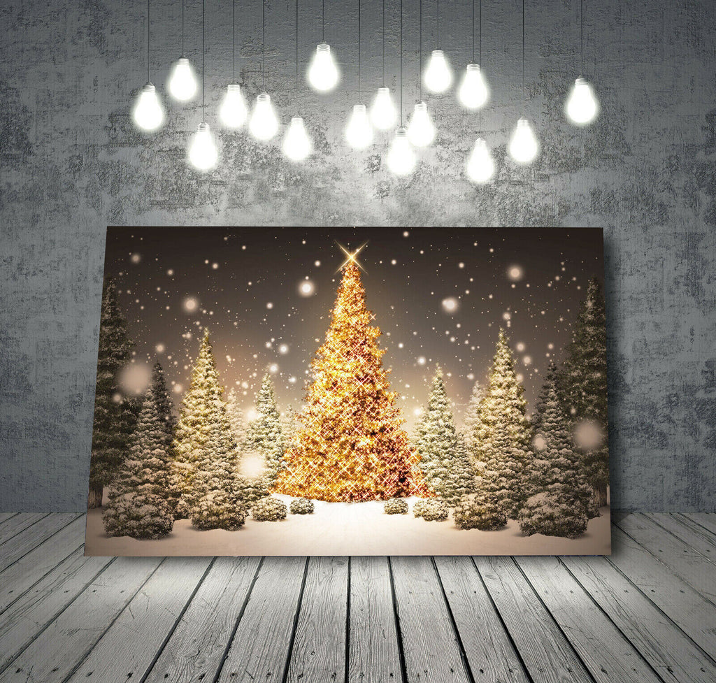 Gold snowy Christmas Trees  Wall Art Canvas Picture Print