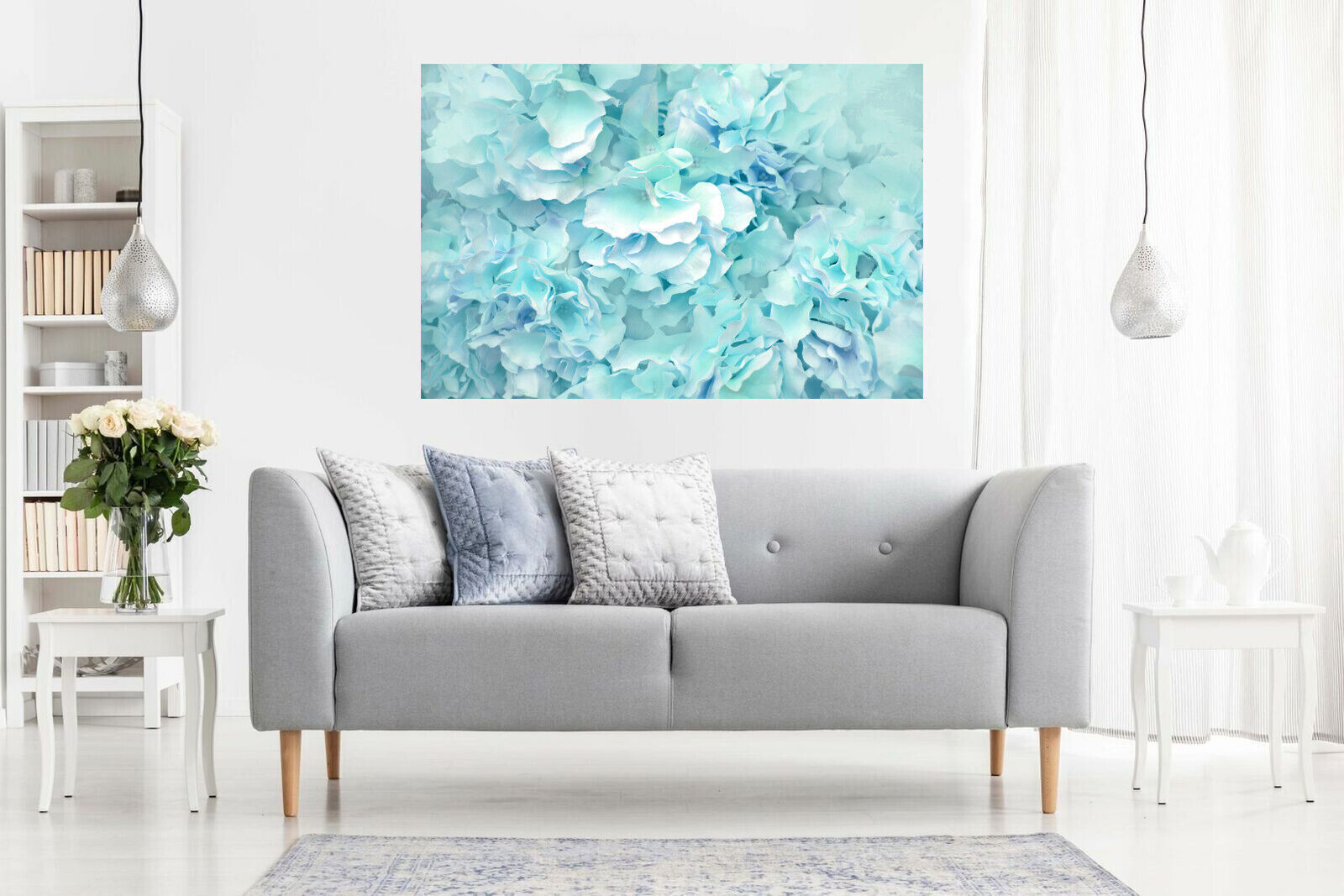 Pastel Duck Egg Blue Flowers Floral Canvas Wall Art Print Picture