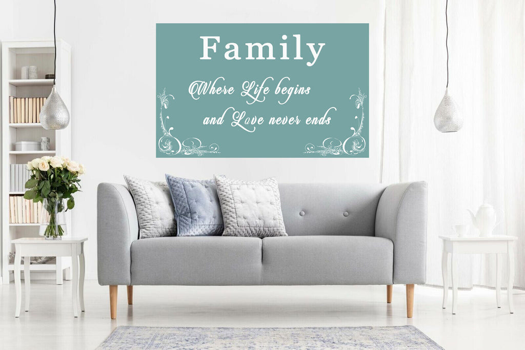 FAMILY QUOTE Where Life Begins - 2 - Duck Egg Blue Canvas Wall Art Picture Print