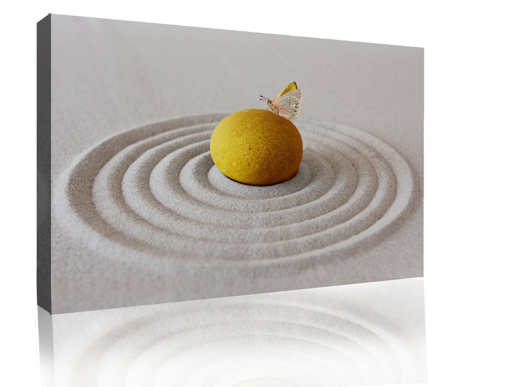YELLOW MUSTARD ZEN PEBBLE & BUTTERFLY SAND RIPPLE Canvas Wall Art Picture Print