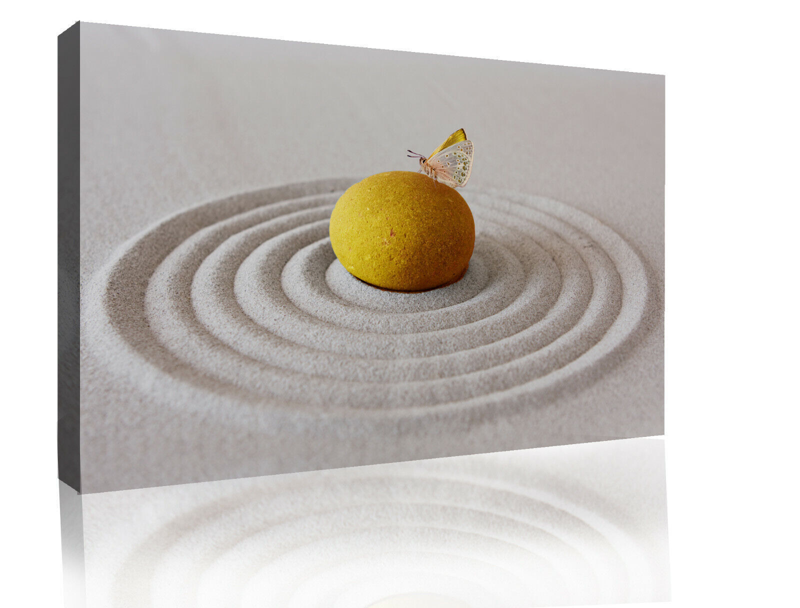YELLOW MUSTARD ZEN PEBBLE & BUTTERFLY SAND RIPPLE Canvas Wall Art Picture Print