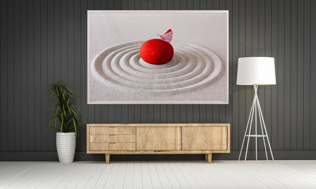 RED ZEN PEBBLE & BUTTERFLY SAND RIPPLE Canvas Wall Art Picture Print