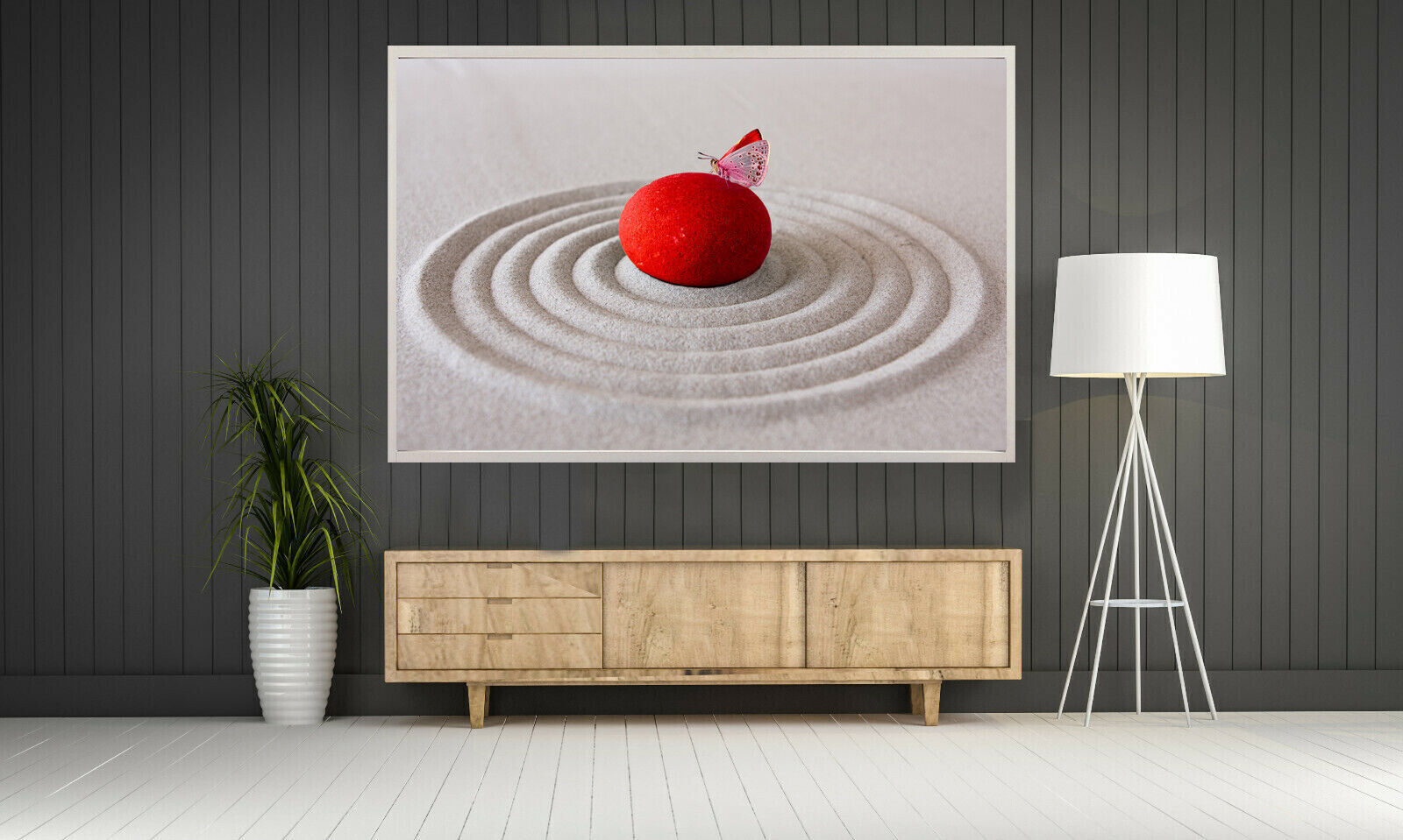 RED ZEN PEBBLE & BUTTERFLY SAND RIPPLE Canvas Wall Art Picture Print