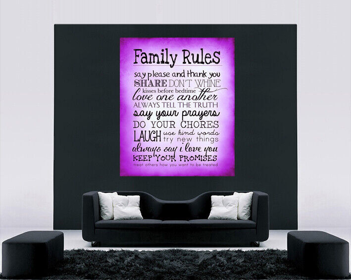 Purple Family Rules Quote, Canvas Wall Art Picture Print ALL SIZES, ANY COLOUR