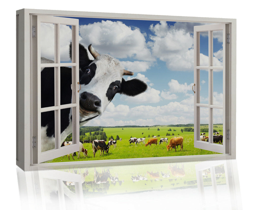 Funny Rural Cow Peeping in Window Canvas wall art print picture