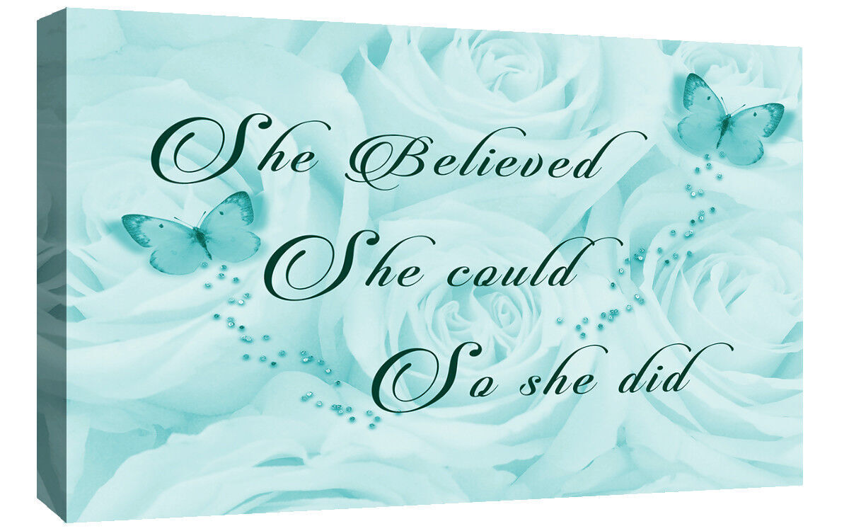 'She Believed She Could' Quote Canvas Wall Art Picture Print Duck Egg Blue
