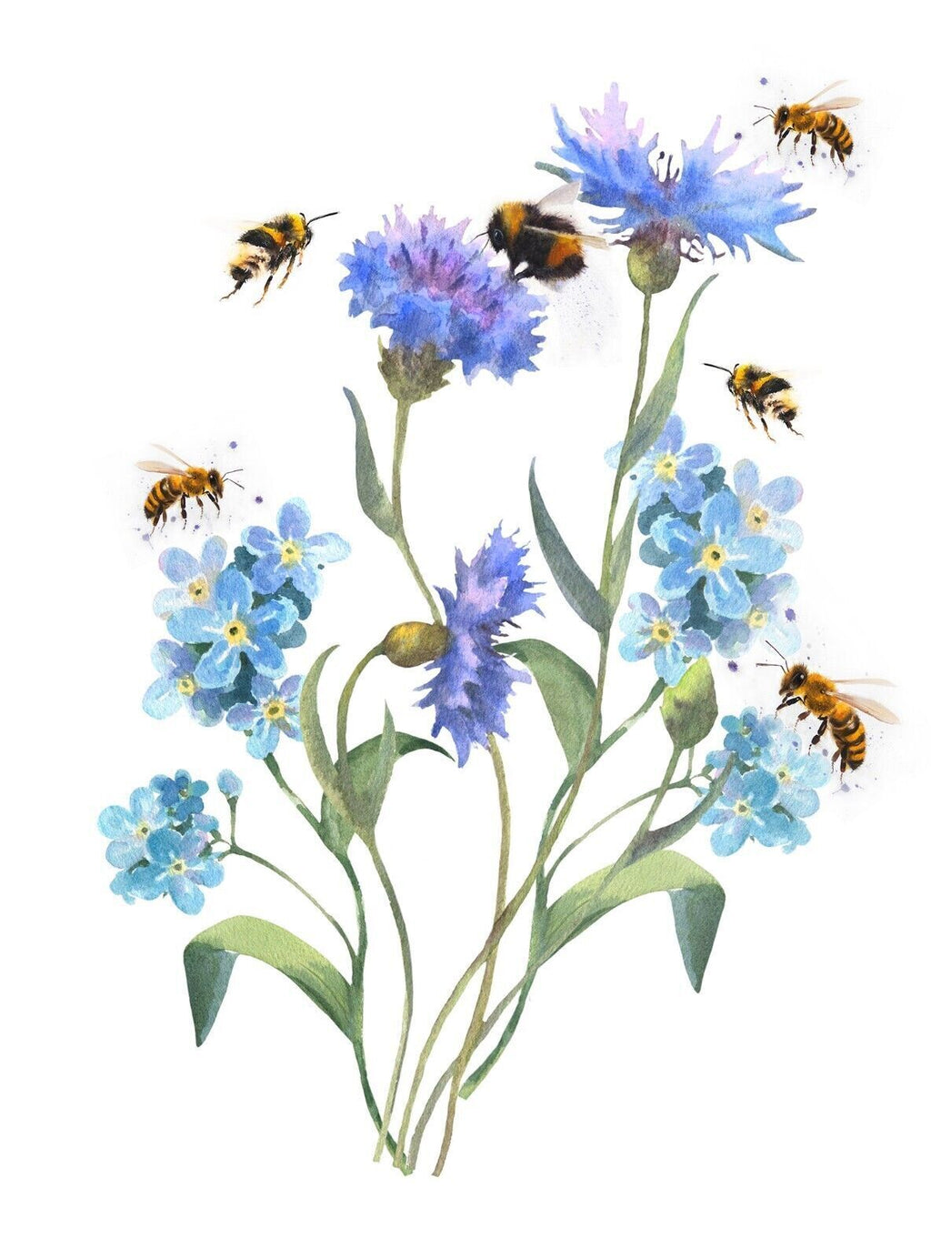 Watercolor Blue Forget Me Not Flowers and Bees Canvas Wall Art Picture Print