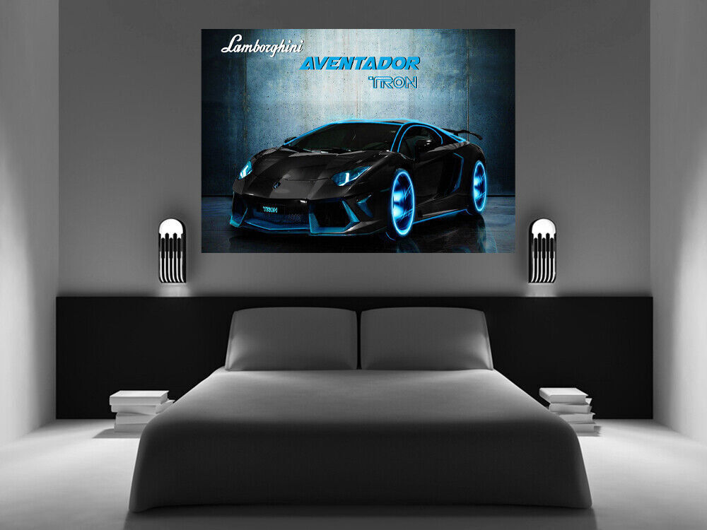 Large Blue Black Lamborghini Aventador Tron Car Canvas Print Wall Art Picture