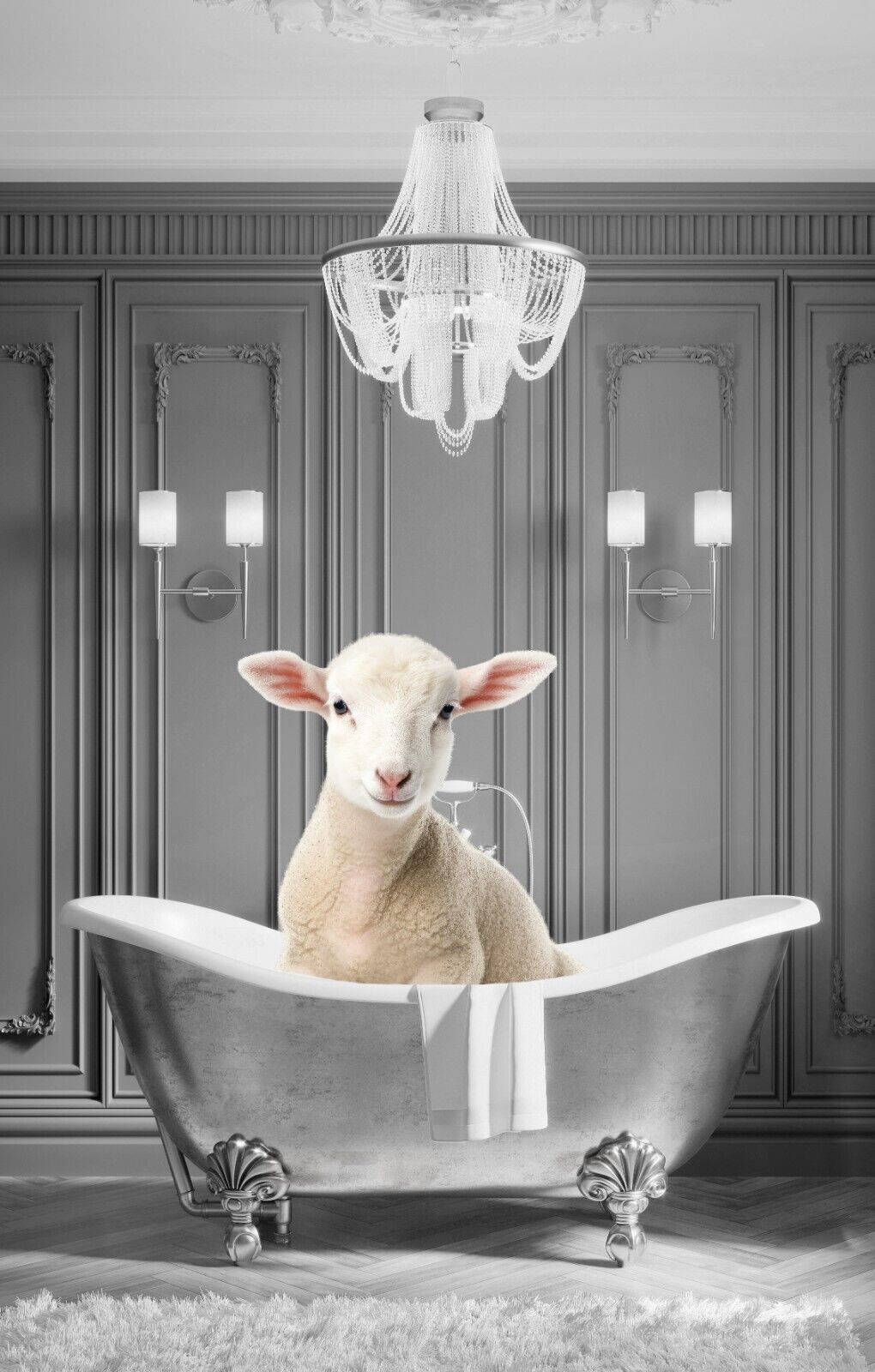 Animal Lamb bathing in bathtub Canvas Wall Art Picture Print