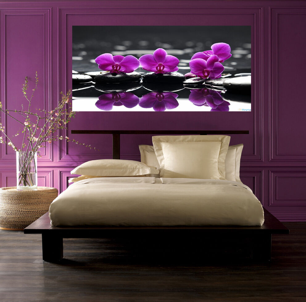 Purple flowers on black pebbles Canvas Wall Art Picture Print  - All sizes