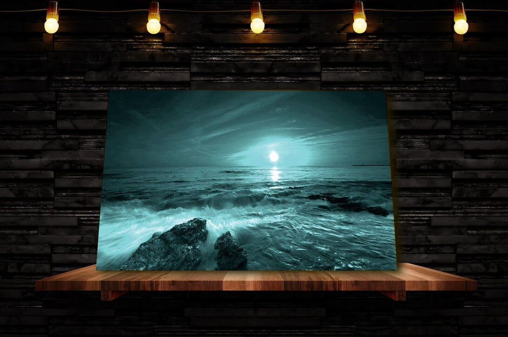 Sunset Over The Ocean seascape Teal Blue Canvas Wall Art Picture Print