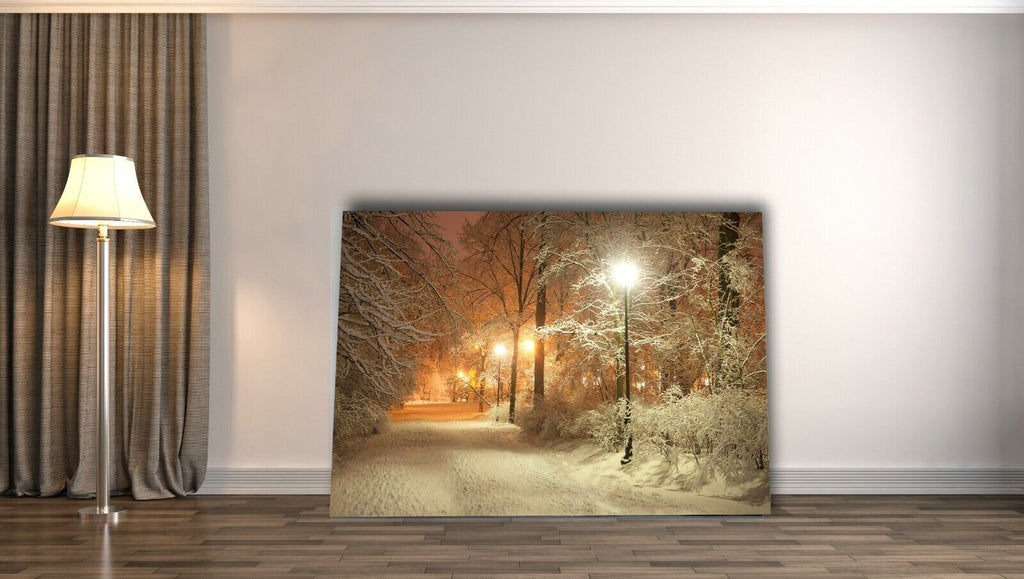 Warm Winters Night Snow Scene Landscape Canvas Wall Art Picture Print