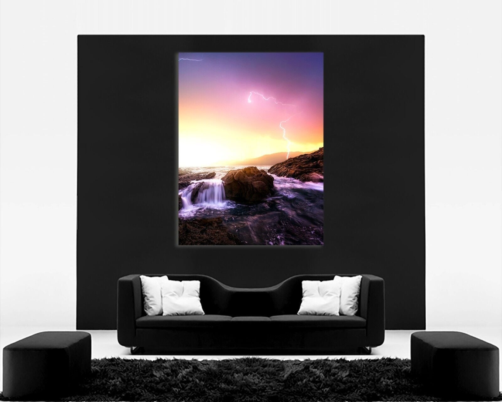 Landscape Lightening above the sea  Canvas Wall Art Picture Print - Purple