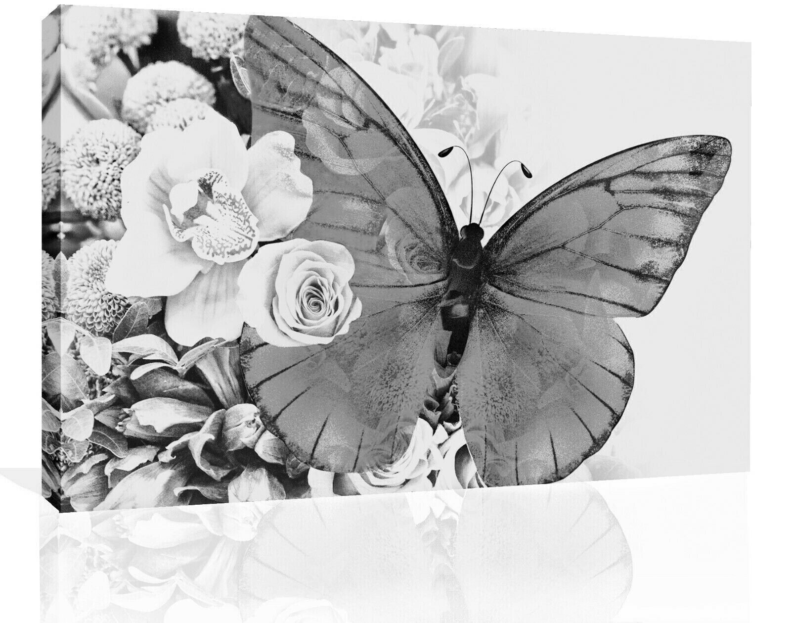 Black & White butterfly floral abstract background Canvas Wall Art Picture Print