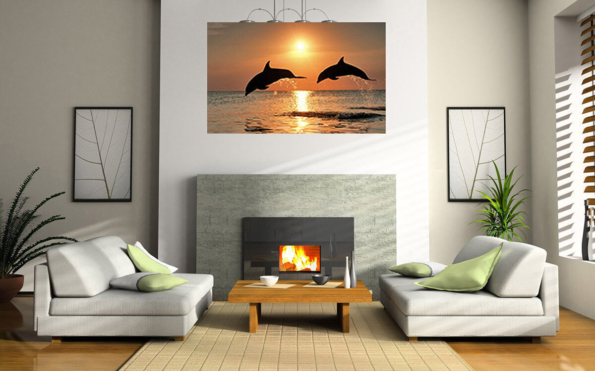 LARGE DOLPHINS AT SEA SUNSET CANVAS PICTURE WALL ART PRINT  34" X 20"