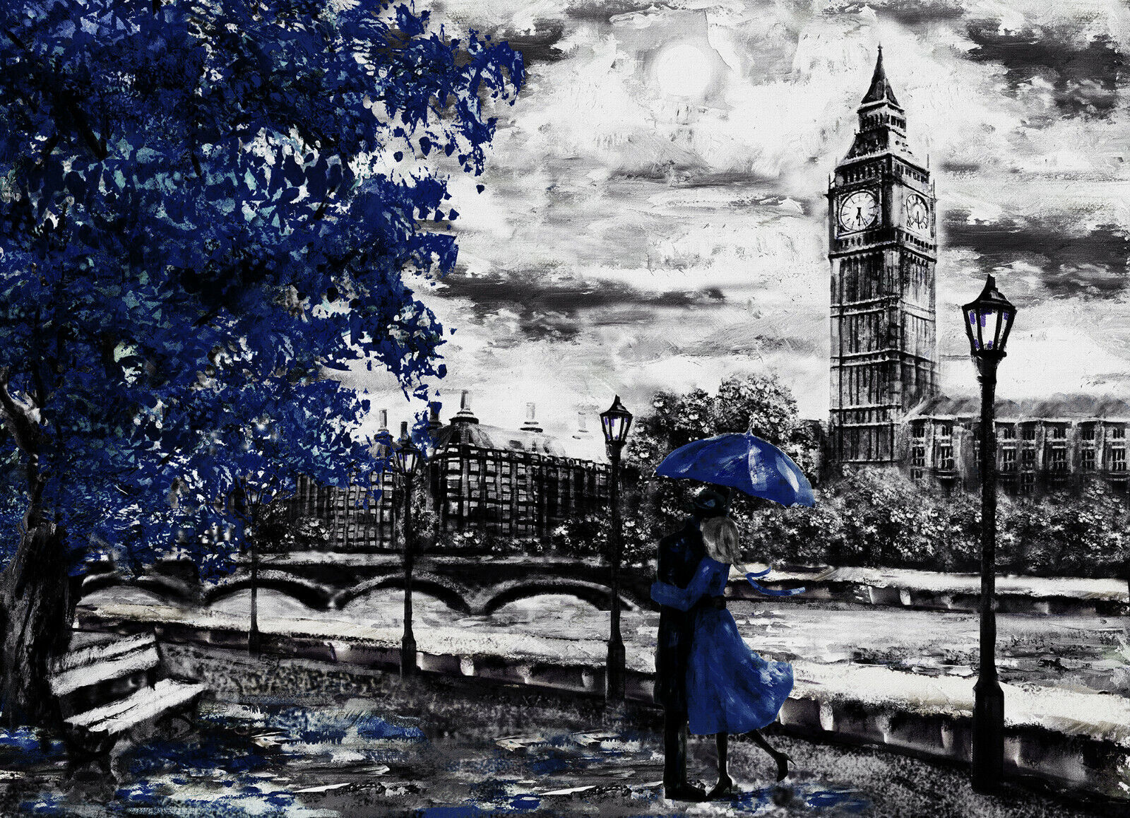Navy Blue Oil Painting London Big Ben Umbrella Canvas Wall Art Picture Print