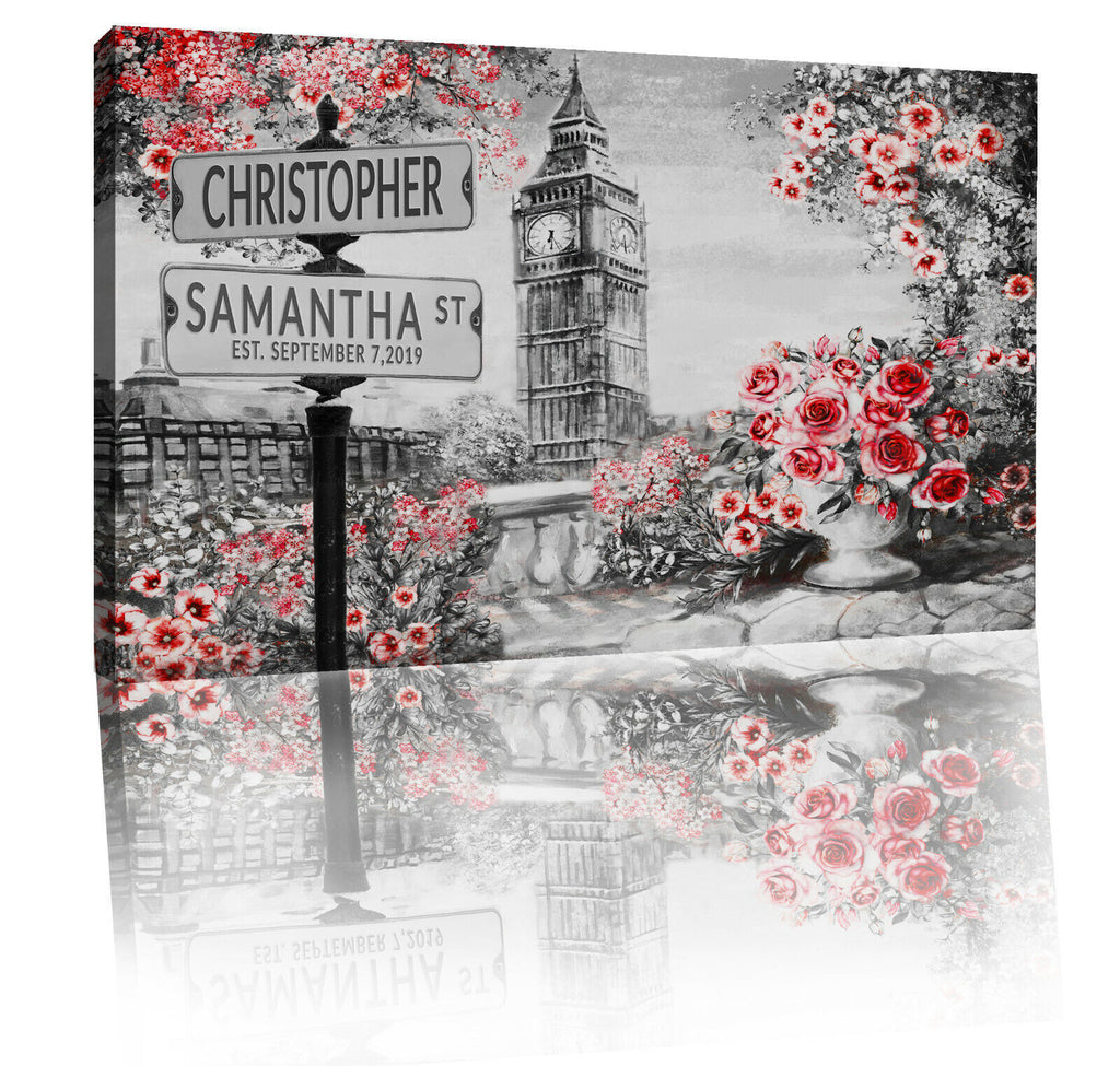Red Personalized Names & Established Date Street Sign Canvas Wall Art Print