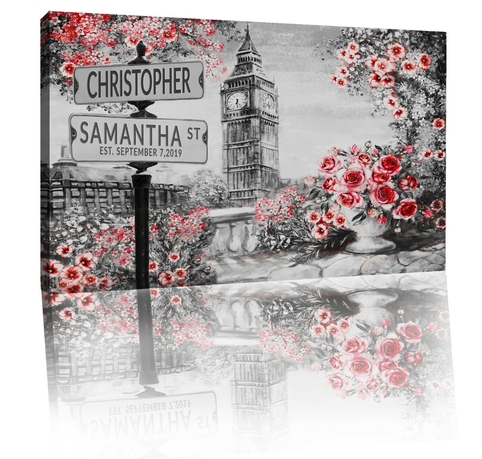 Red Personalized Names & Established Date Street Sign Canvas Wall Art Print