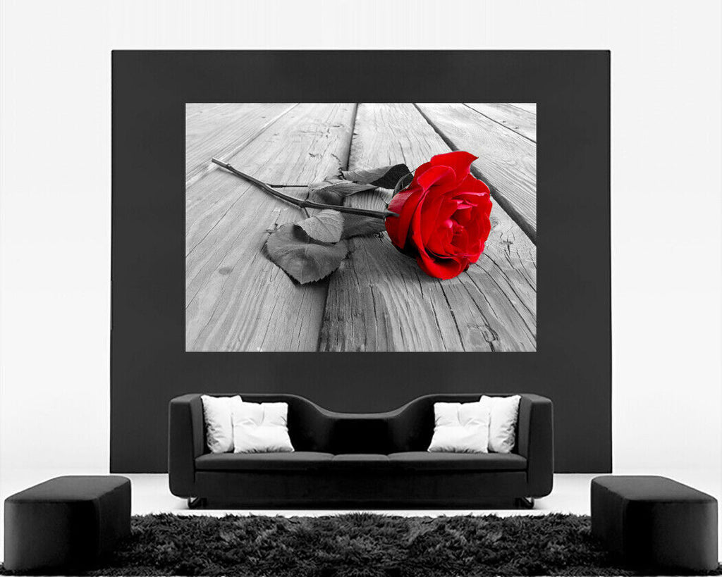 Large Red Grey Rose Flower on Wood Canvas Wall Art Picture Print