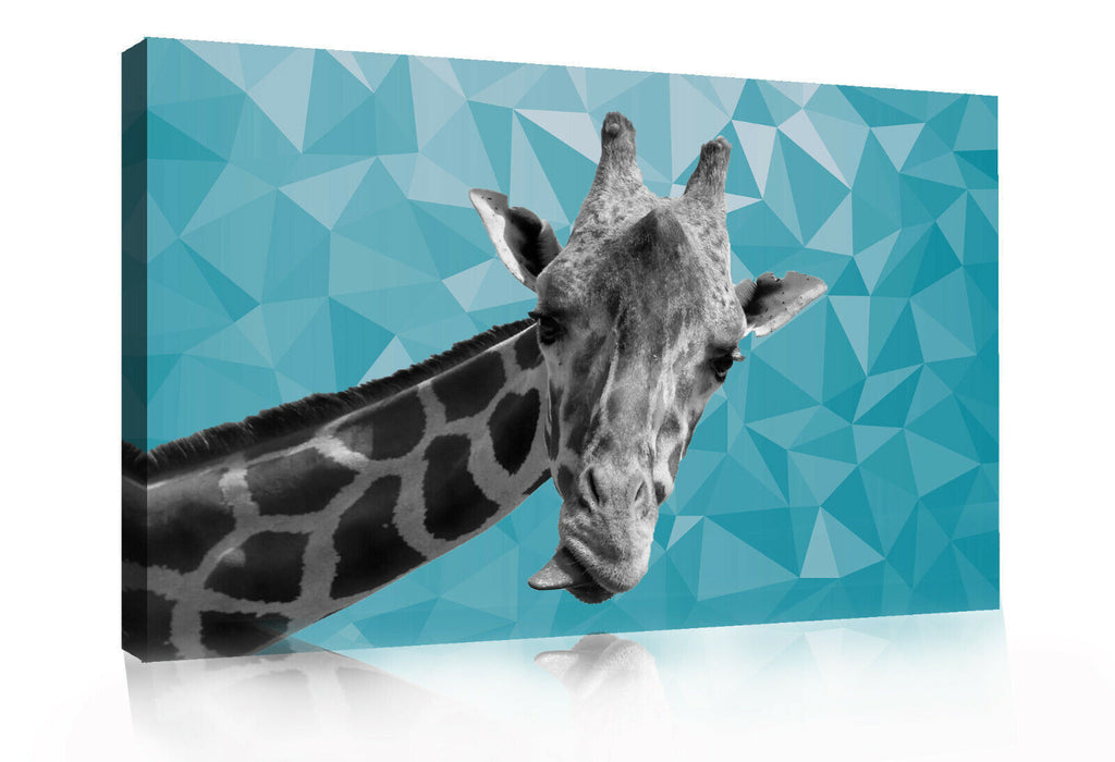 Giraffe BLACK, WHITE DUCK EGG BLUE GEO CANVAS WALL ART PRINT ARTWORK