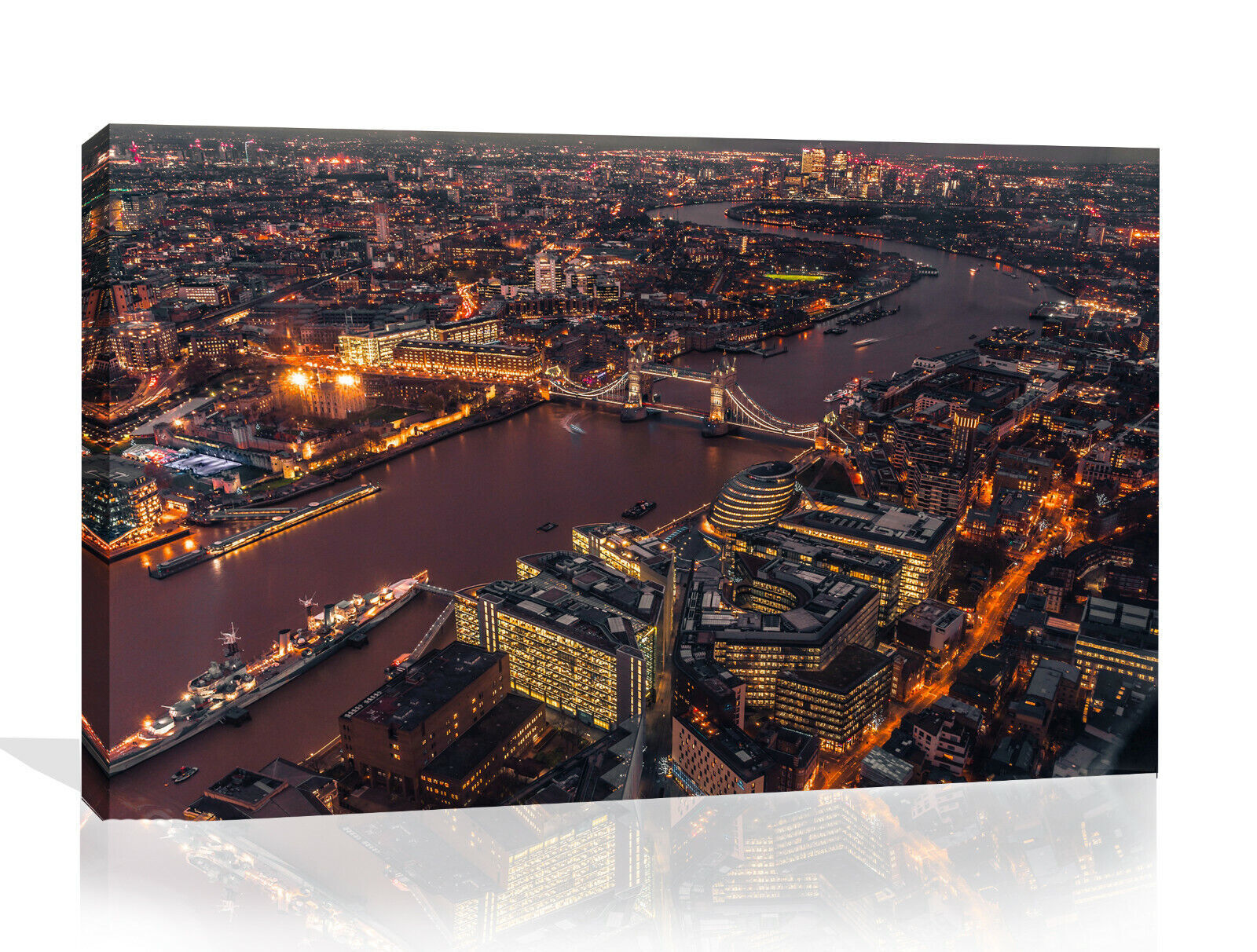 London city lights at night with bridge and river Canvas Wall Art Picture Print