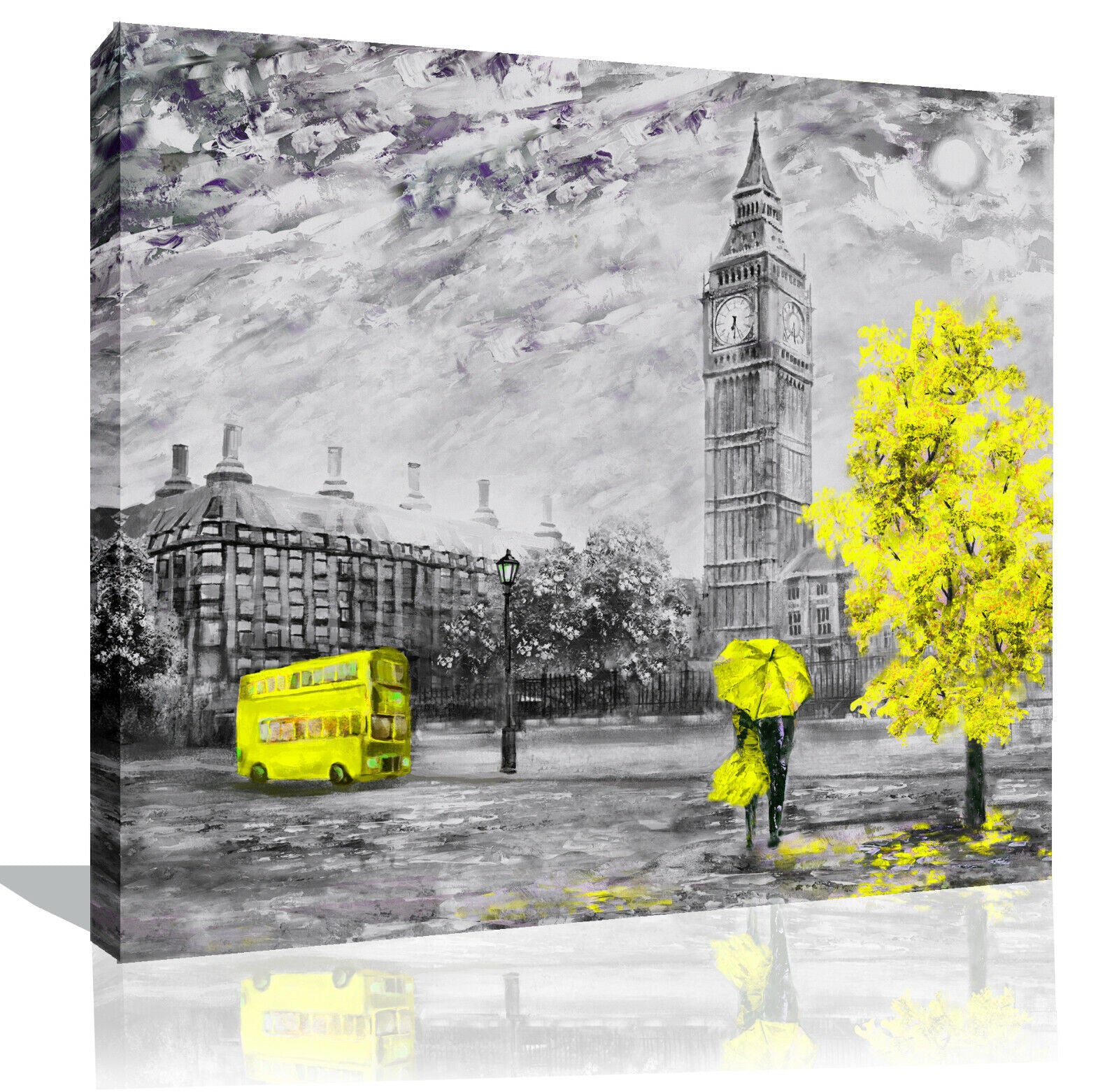London Oil Painting Yellow Bus Umbrella Canvas Wall Art Picture Print
