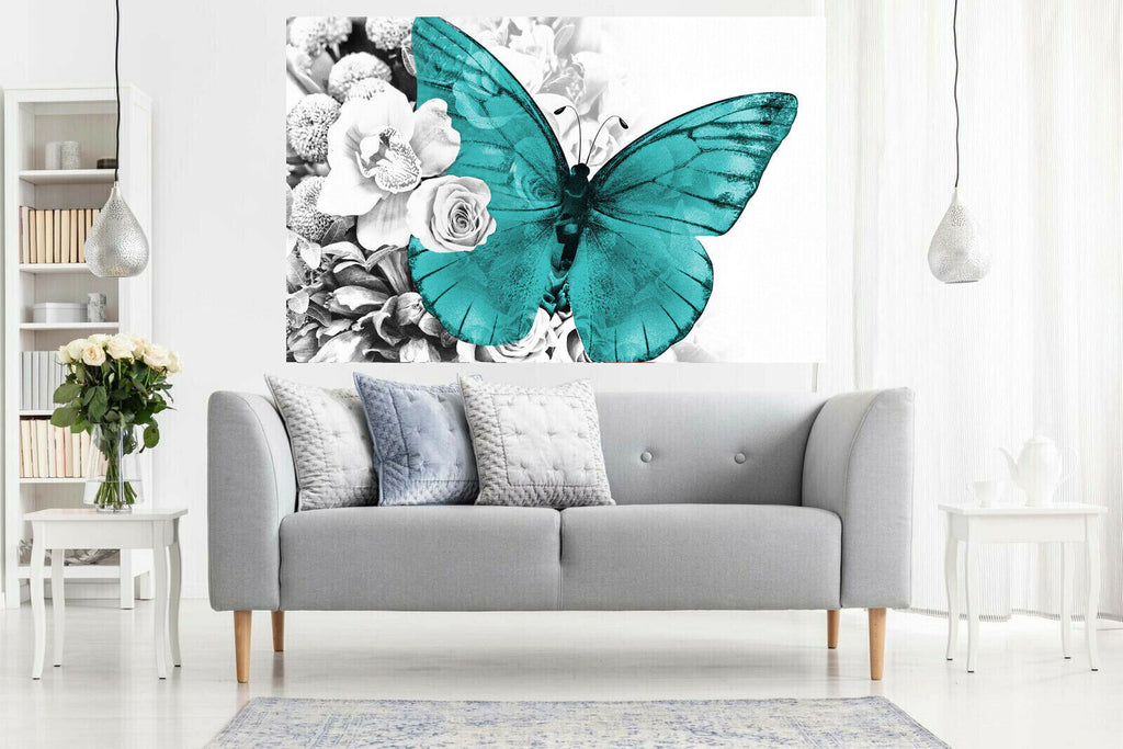 Duck Egg Blue butterfly on grey floral abstract background Canvas Wall Art Print