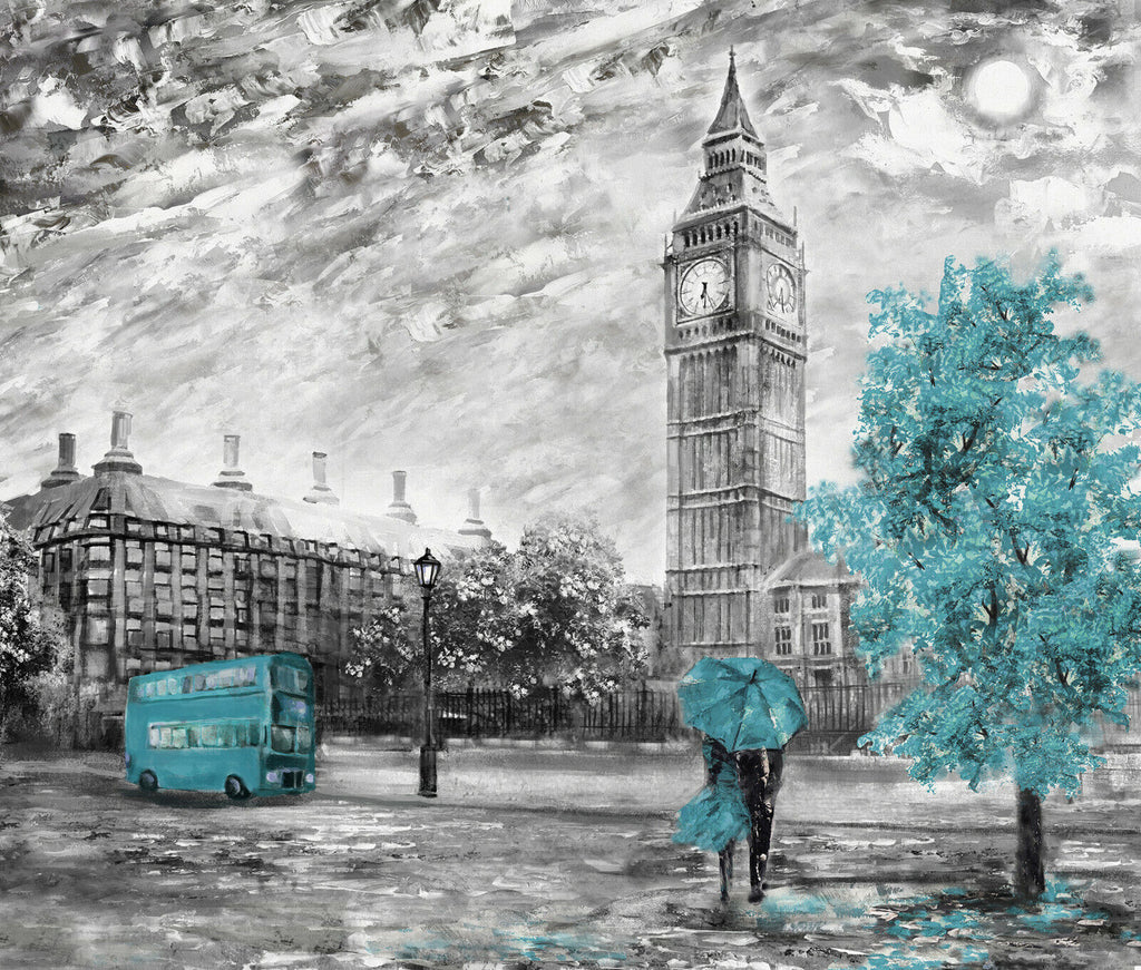 London Oil Painting Duck Egg Blue Bus Umbrella Canvas Wall Art Picture Print