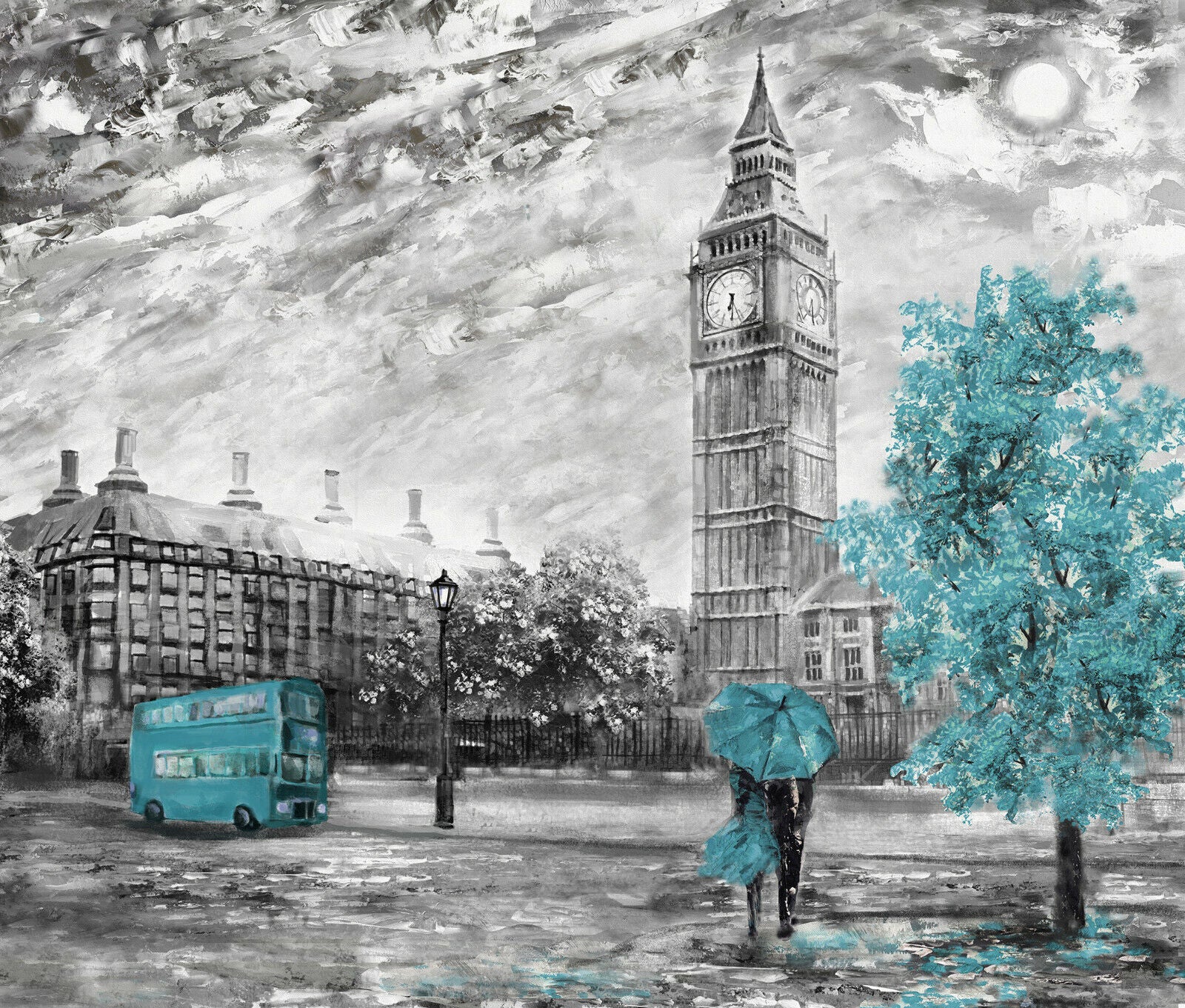 London Oil Painting Duck Egg Blue Bus Umbrella Canvas Wall Art Picture Print