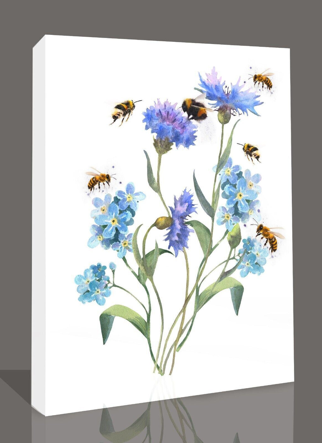 Watercolor Blue Forget Me Not Flowers and Bees Canvas Wall Art Picture Print